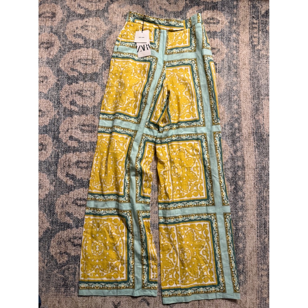 ZARA Baroque Tile Scarf Print Linen Blend Wide Leg Pants Size XS NWT‎